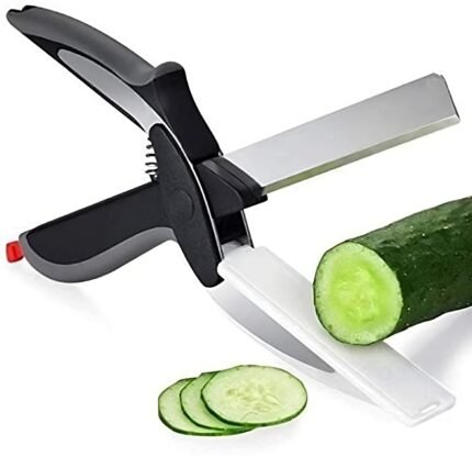 2-In-1 18/10 Steel Smart Clever Cutter Kitchen Knife Food Chopper And In Built Mini Chopping Board With Locking Hinge; With Spring Action; Stainless Steel Blade (Black)
